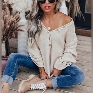 Cream Slouchy Raw Edge Sweater V Neck